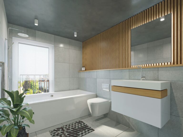 A bright bathroom with a soaking tub under the window